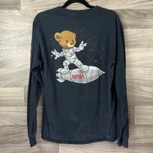 NASA Bear Womens Hard Ten Clothing T-Shirt Black Graphic Long Sleeve Crew Neck M